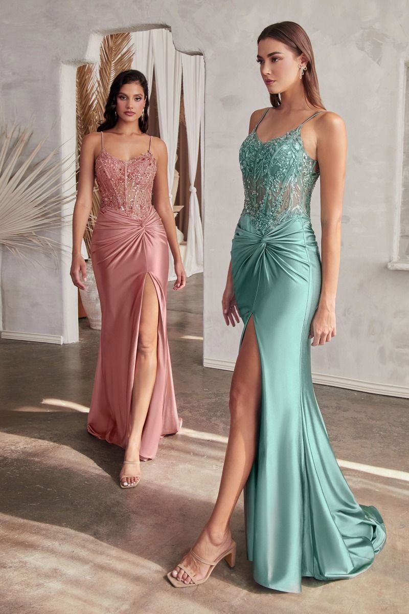 Rose, Teal, Olive, Purple & Red Satin Formal Gown with Beaded Corset | High Slit Evening Dress CDCD0176-1